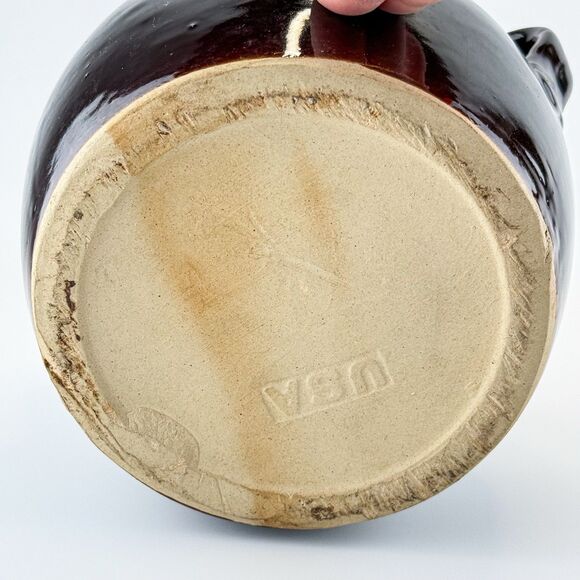 Vintage BROWN GLAZED BEAN POT WITH LID HANDLES USA Primitive Farmhouse Decor - Picture 16 of 16